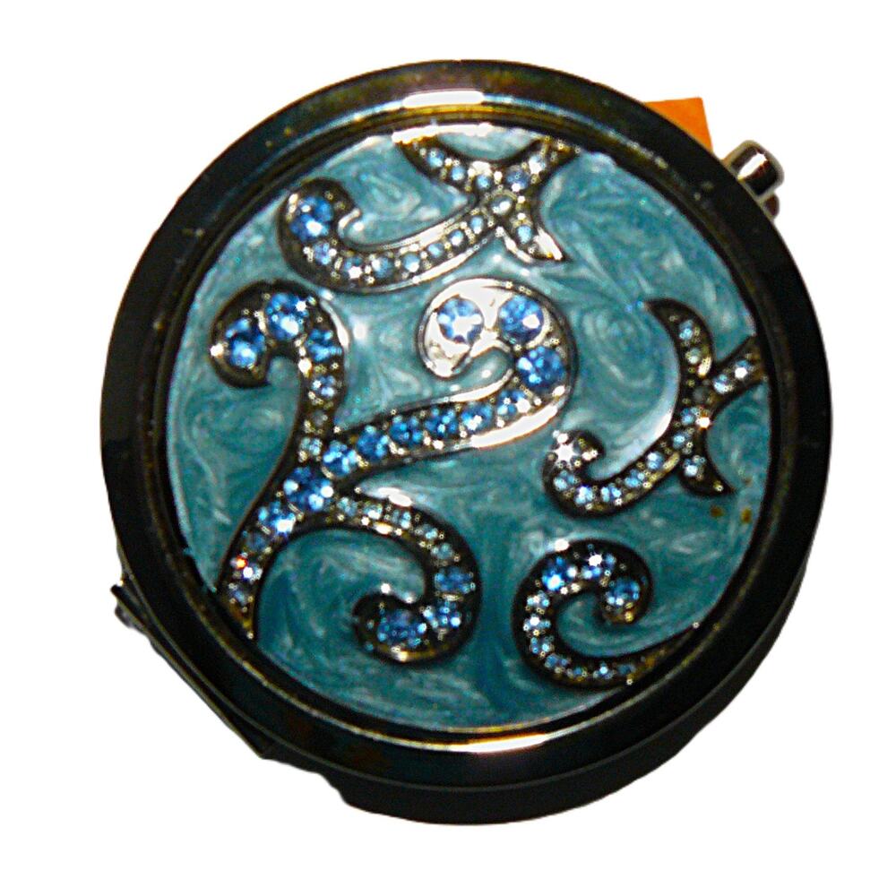 Vintage Blue Rhinestone Enamel Compact Mirror With Swirl Design By Argento SC - Picture 2 of 6